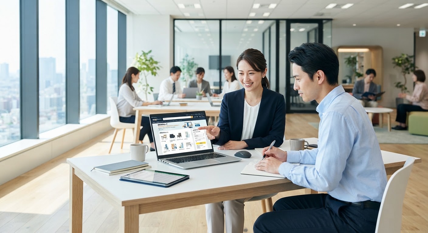 明るいオフィスで業務用品の購入候補を確認する担当者